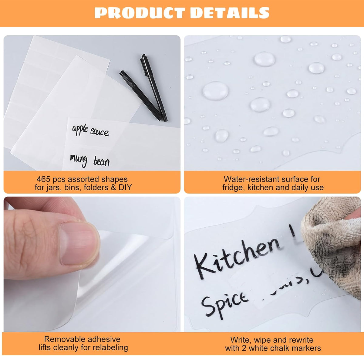 465 Chalkboard Labels for Jars and Containers with 2 White Chalk Markers | Waterproof, Reusable Labels In Assorted Sizes And Shapes; Sticks To Glass, Plastic, Metal, Wood, And Ceramic