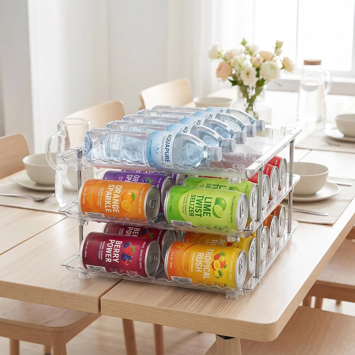 Can Organizer for Pantry, 3 Tier Stackable Soda Dispenser 1 Pack | Sodas Cans Drinks Organizer Stable, Stackable, Auto Rolling, 3 Tier, Space-saving for Kitchen, Fridge, Pantry Use