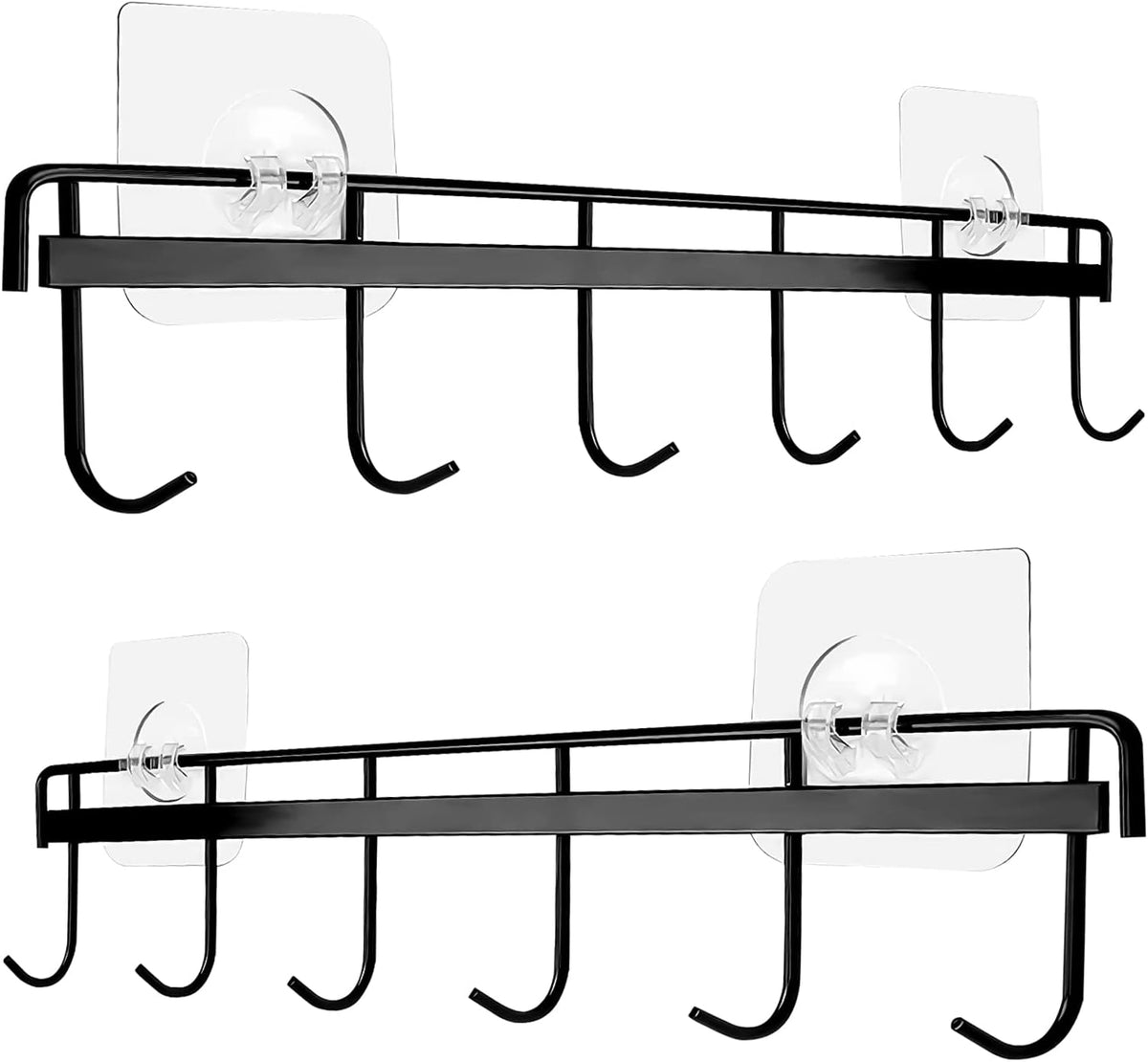 2 Pack Kitchen Adhesive Wall Hooks Rack Rail,Spoon Hanger for Kitchen Hanging Spatulas Measuring Spoons Space Saving No Drilling Hanger with 6 Hooks for Bathroom Bedroom Closet (Black)
