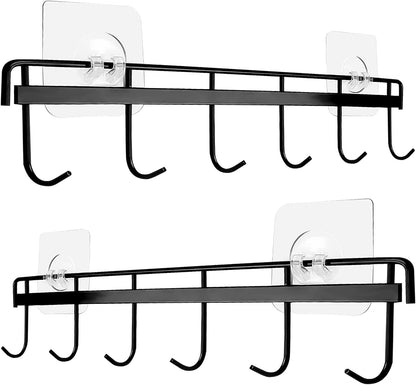2 Pack Kitchen Adhesive Wall Hooks Rack Rail,Spoon Hanger for Kitchen Hanging Spatulas Measuring Spoons Space Saving No Drilling Hanger with 6 Hooks for Bathroom Bedroom Closet (Black)