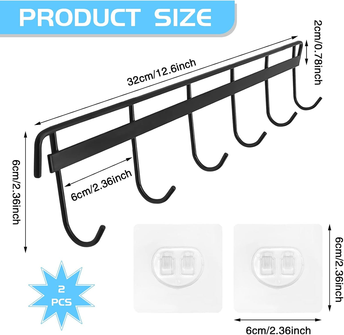 2 Pack Kitchen Adhesive Wall Hooks Rack Rail,Spoon Hanger for Kitchen Hanging Spatulas Measuring Spoons Space Saving No Drilling Hanger with 6 Hooks for Bathroom Bedroom Closet (Black)