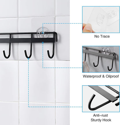 2 Pack Kitchen Adhesive Wall Hooks Rack Rail,Spoon Hanger for Kitchen Hanging Spatulas Measuring Spoons Space Saving No Drilling Hanger with 6 Hooks for Bathroom Bedroom Closet (Black)