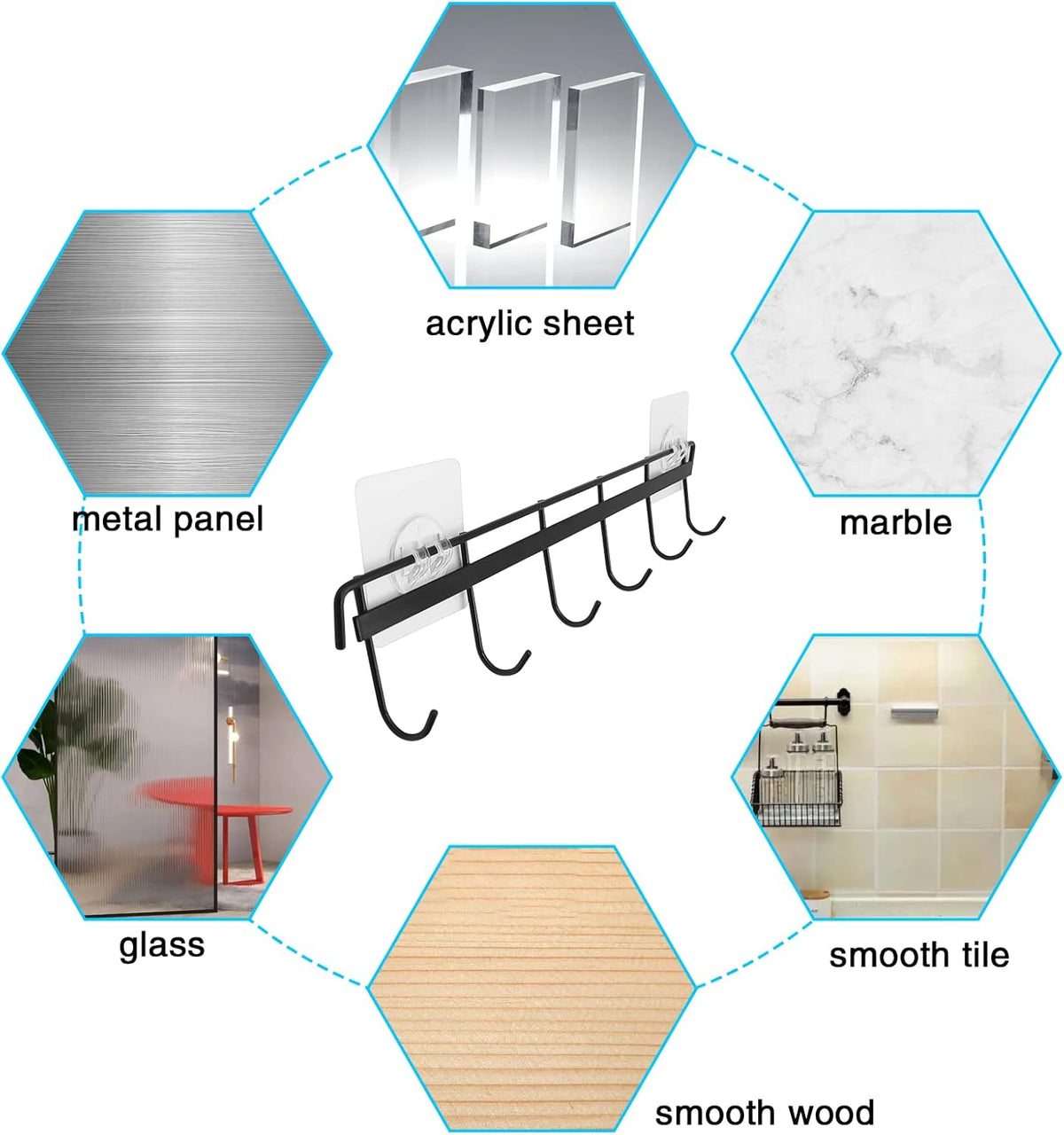 2 Pack Kitchen Adhesive Wall Hooks Rack Rail,Spoon Hanger for Kitchen Hanging Spatulas Measuring Spoons Space Saving No Drilling Hanger with 6 Hooks for Bathroom Bedroom Closet (Black)