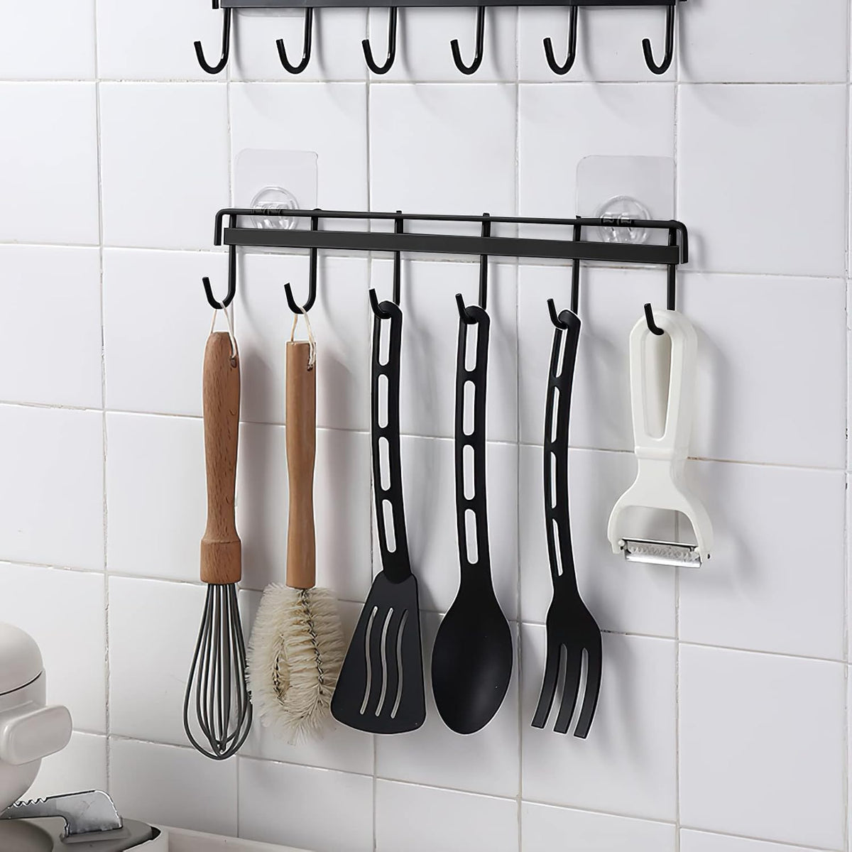 2 Pack Kitchen Adhesive Wall Hooks Rack Rail,Spoon Hanger for Kitchen Hanging Spatulas Measuring Spoons Space Saving No Drilling Hanger with 6 Hooks for Bathroom Bedroom Closet (Black)
