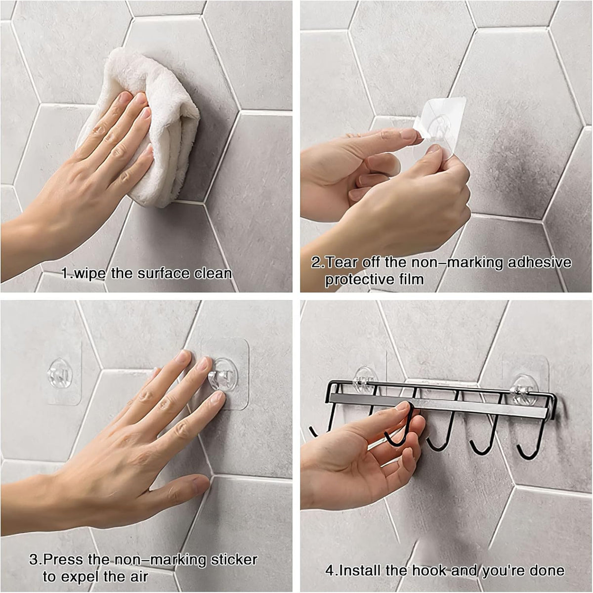 2 Pack Kitchen Adhesive Wall Hooks Rack Rail,Spoon Hanger for Kitchen Hanging Spatulas Measuring Spoons Space Saving No Drilling Hanger with 6 Hooks for Bathroom Bedroom Closet (Black)