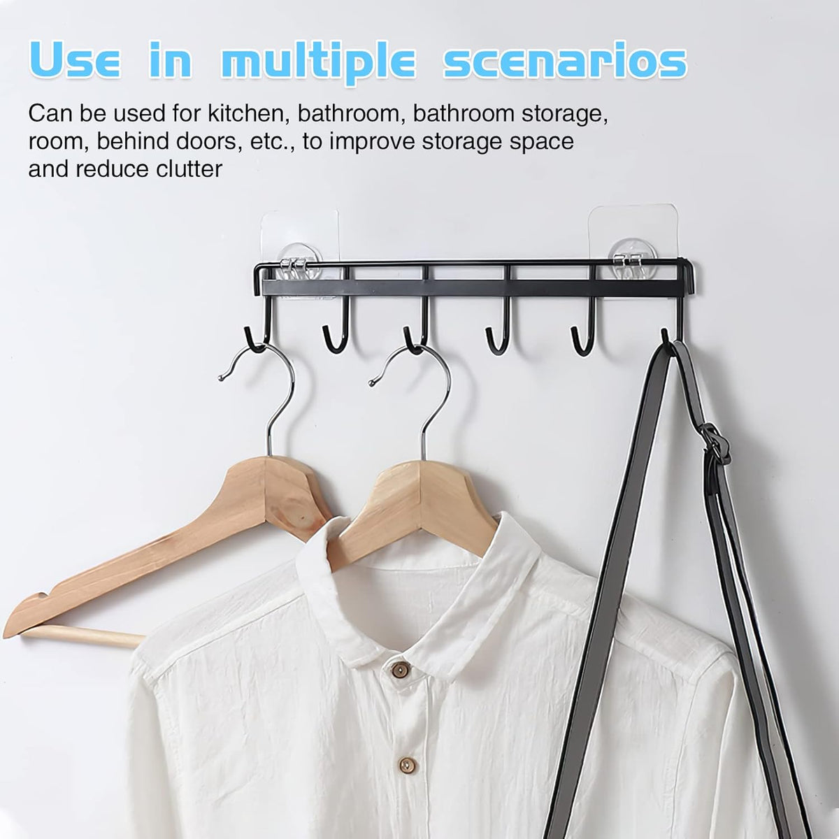2 Pack Kitchen Adhesive Wall Hooks Rack Rail,Spoon Hanger for Kitchen Hanging Spatulas Measuring Spoons Space Saving No Drilling Hanger with 6 Hooks for Bathroom Bedroom Closet (Black)