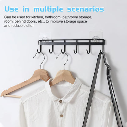 2 Pack Kitchen Adhesive Wall Hooks Rack Rail,Spoon Hanger for Kitchen Hanging Spatulas Measuring Spoons Space Saving No Drilling Hanger with 6 Hooks for Bathroom Bedroom Closet (Black)