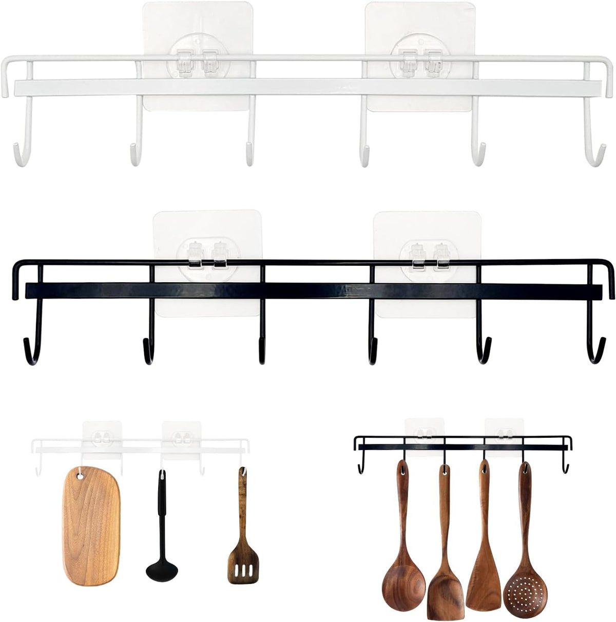 2 Pack Kitchen Adhesive Wall Hooks Rack Rail,Spoon Hanger for Kitchen Hanging Spatulas Measuring Spoons Space Saving No Drilling Hanger with 6 Hooks for Bathroom Bedroom Closet (Black)