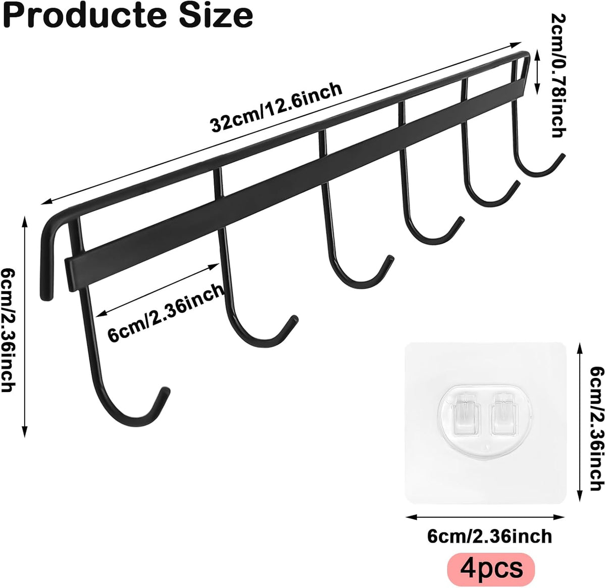 2 Pack Kitchen Adhesive Wall Hooks Rack Rail,Spoon Hanger for Kitchen Hanging Spatulas Measuring Spoons Space Saving No Drilling Hanger with 6 Hooks for Bathroom Bedroom Closet (Black)