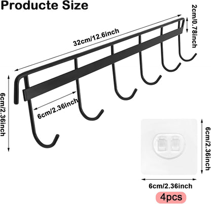 2 Pack Kitchen Adhesive Wall Hooks Rack Rail,Spoon Hanger for Kitchen Hanging Spatulas Measuring Spoons Space Saving No Drilling Hanger with 6 Hooks for Bathroom Bedroom Closet (Black)