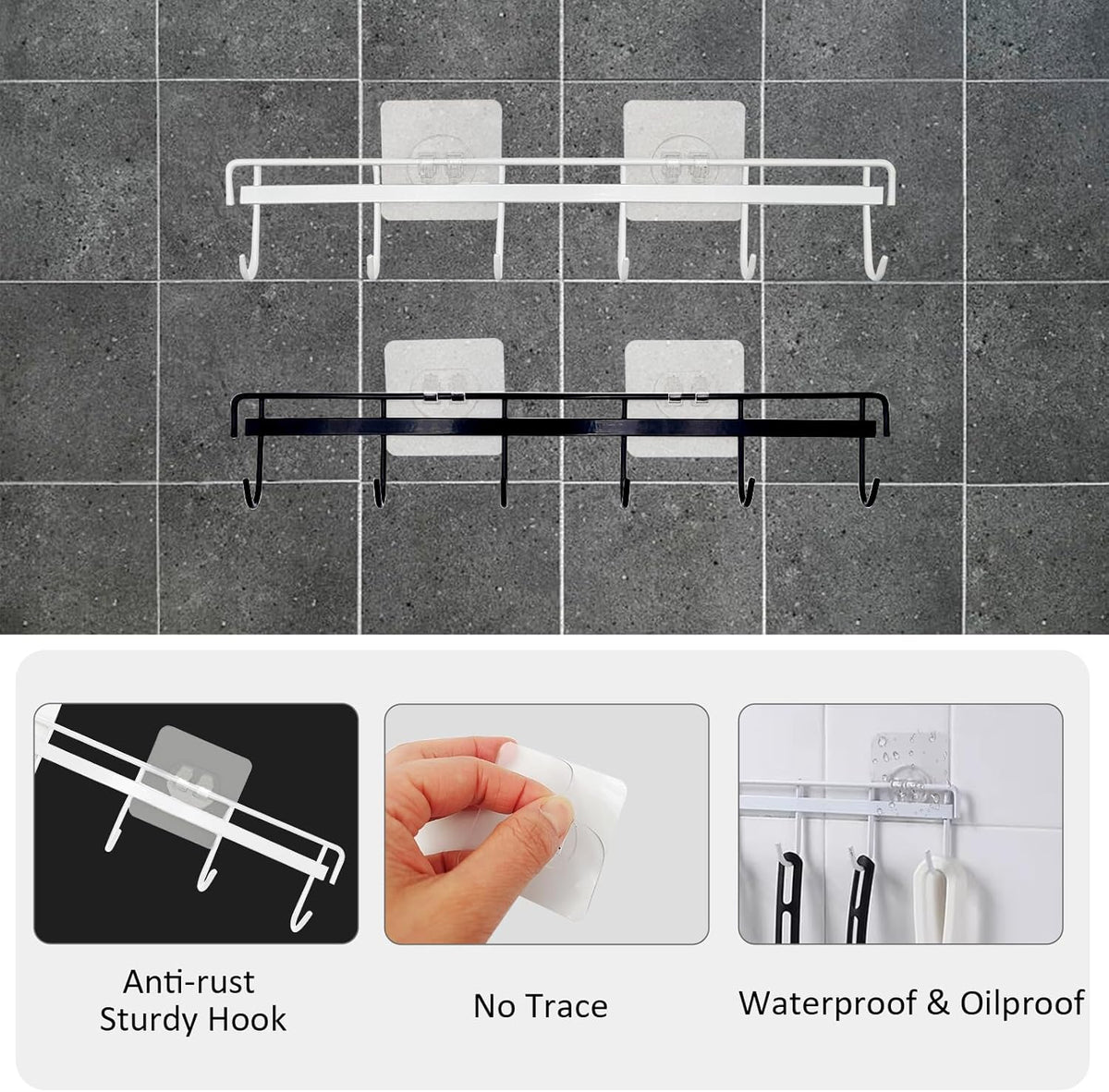 2 Pack Kitchen Adhesive Wall Hooks Rack Rail,Spoon Hanger for Kitchen Hanging Spatulas Measuring Spoons Space Saving No Drilling Hanger with 6 Hooks for Bathroom Bedroom Closet (Black)