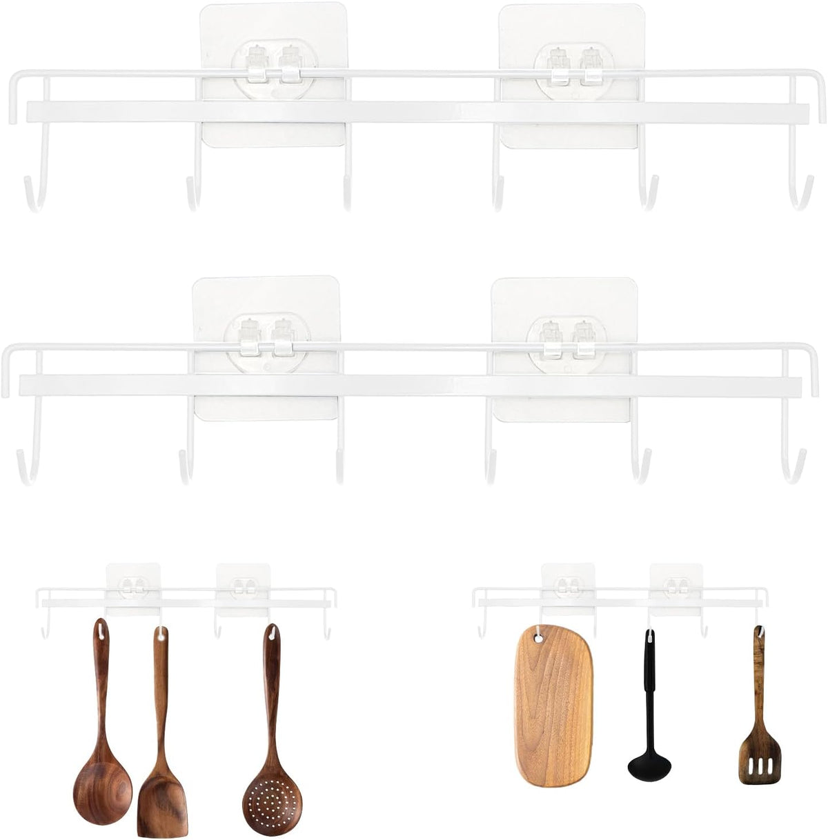 2 Pack Kitchen Adhesive Wall Hooks Rack Rail,Spoon Hanger for Kitchen Hanging Spatulas Measuring Spoons Space Saving No Drilling Hanger with 6 Hooks for Bathroom Bedroom Closet (Black)