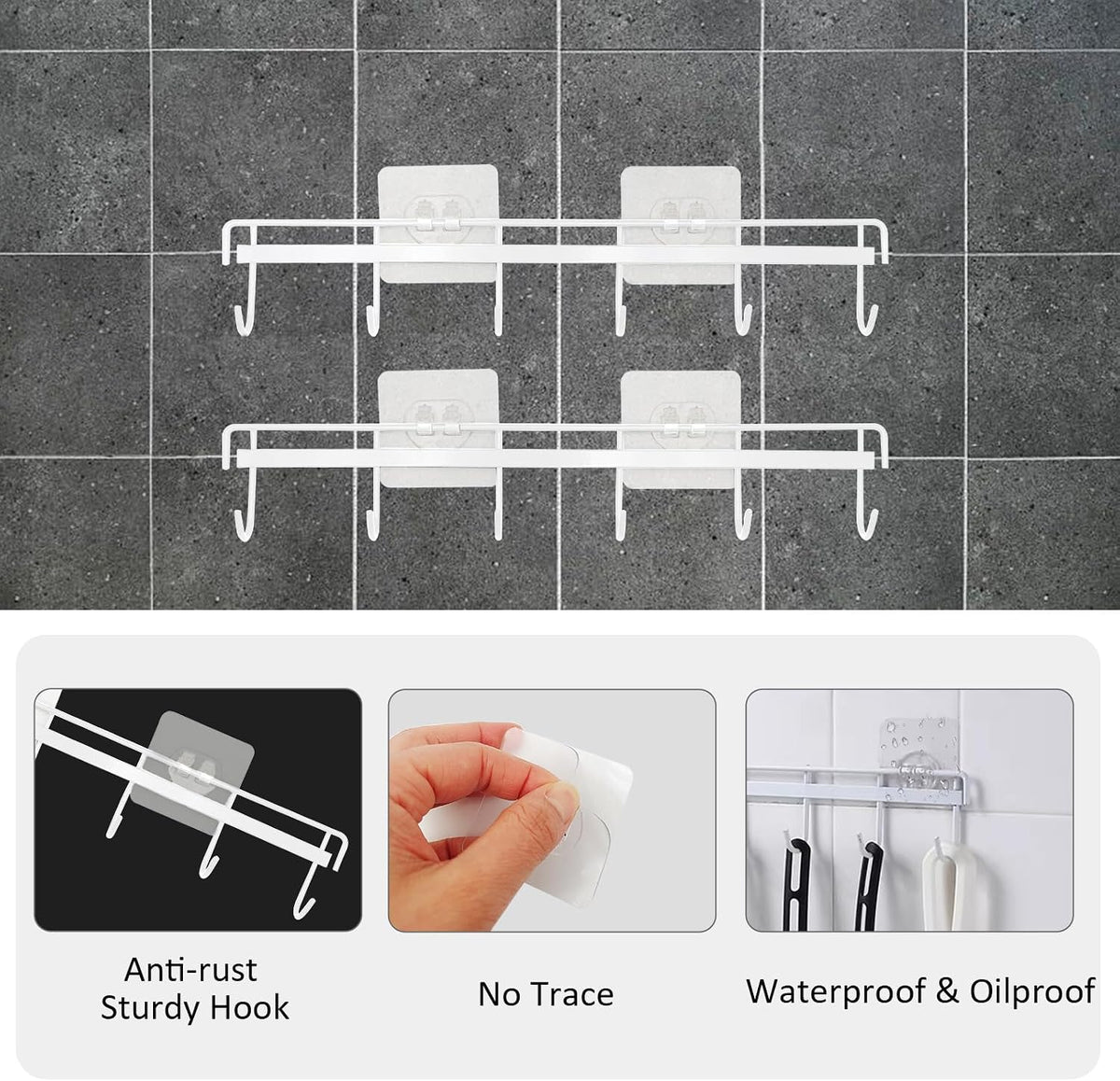 2 Pack Kitchen Adhesive Wall Hooks Rack Rail,Spoon Hanger for Kitchen Hanging Spatulas Measuring Spoons Space Saving No Drilling Hanger with 6 Hooks for Bathroom Bedroom Closet (Black)