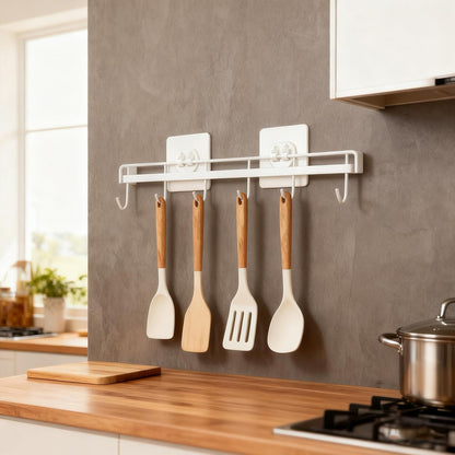 2 Pack Kitchen Adhesive Wall Hooks Rack Rail,Spoon Hanger for Kitchen Hanging Spatulas Measuring Spoons Space Saving No Drilling Hanger with 6 Hooks for Bathroom Bedroom Closet (Black)
