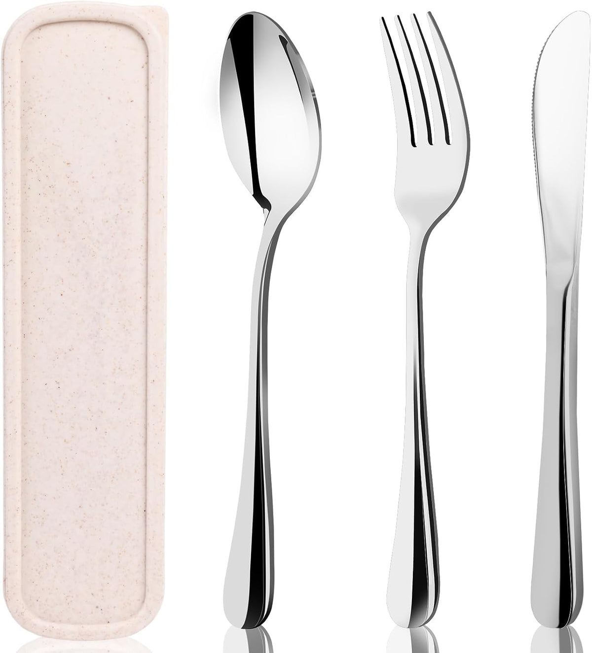 Travel Utensils with Case, 4PCS Stainless Steel Portable Cutlery Set, Built-in Card Slot Design for Fixing Tableware, Easy-Open Lid, Lunch Box for Camping Work School, Dishwasher Safe, Beige
