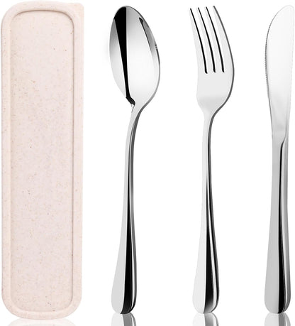 Travel Utensils with Case, 4PCS Stainless Steel Portable Cutlery Set, Built-in Card Slot Design for Fixing Tableware, Easy-Open Lid, Lunch Box for Camping Work School, Dishwasher Safe, Beige