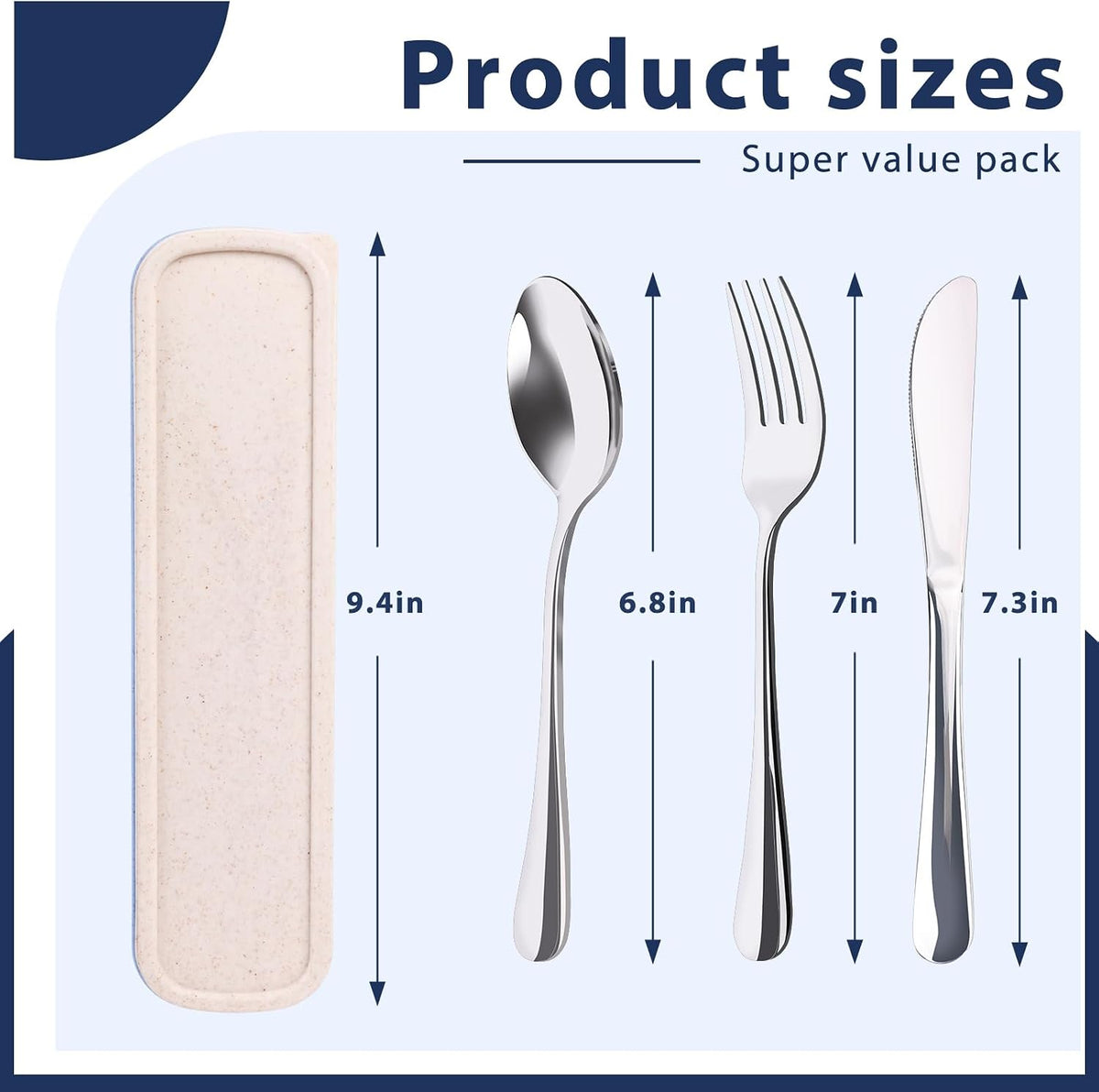 Travel Utensils with Case, 4PCS Stainless Steel Portable Cutlery Set, Built-in Card Slot Design for Fixing Tableware, Easy-Open Lid, Lunch Box for Camping Work School, Dishwasher Safe, Beige