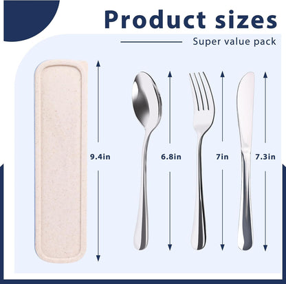 Travel Utensils with Case, 4PCS Stainless Steel Portable Cutlery Set, Built-in Card Slot Design for Fixing Tableware, Easy-Open Lid, Lunch Box for Camping Work School, Dishwasher Safe, Beige
