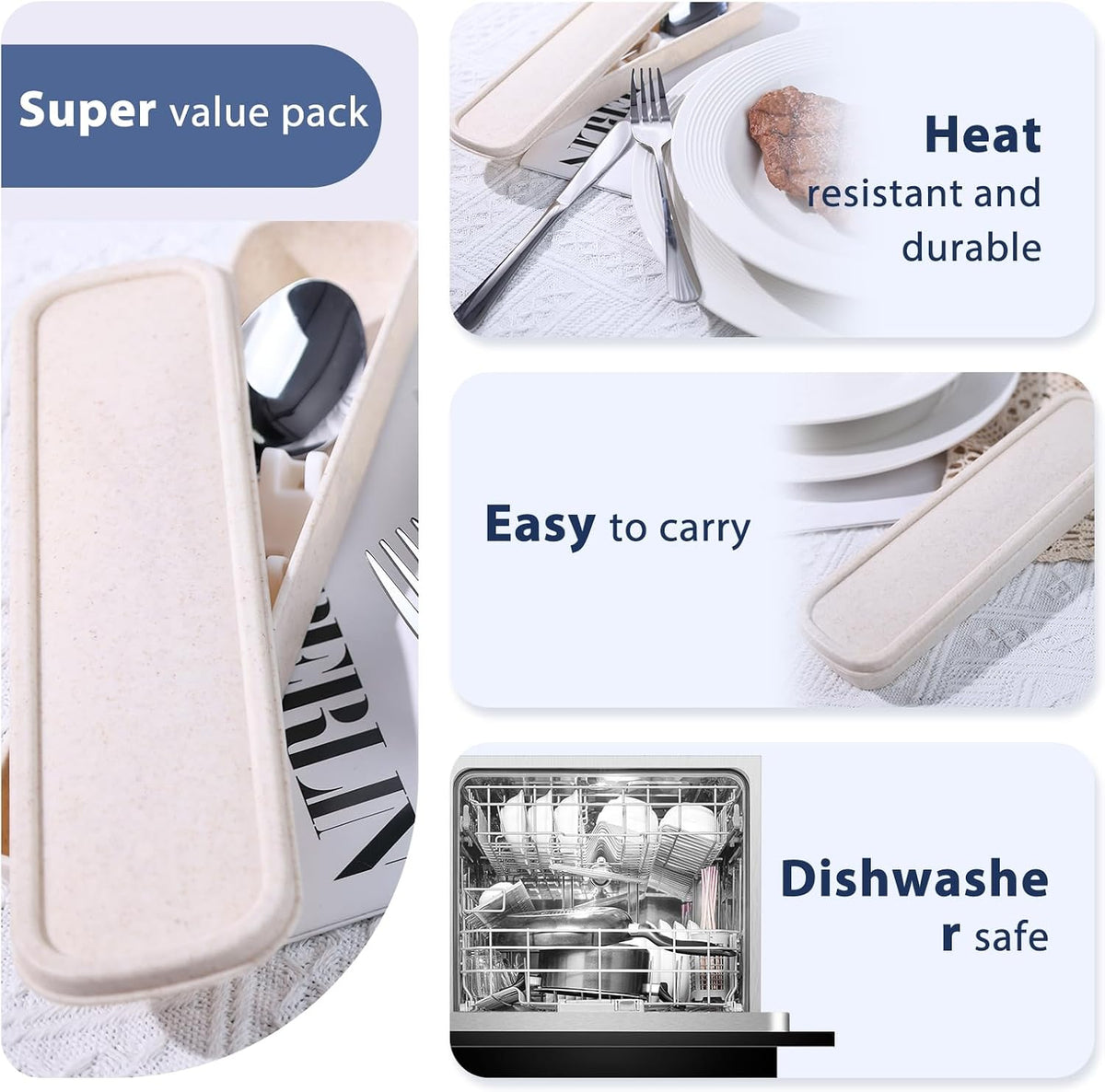 Travel Utensils with Case, 4PCS Stainless Steel Portable Cutlery Set, Built-in Card Slot Design for Fixing Tableware, Easy-Open Lid, Lunch Box for Camping Work School, Dishwasher Safe, Beige