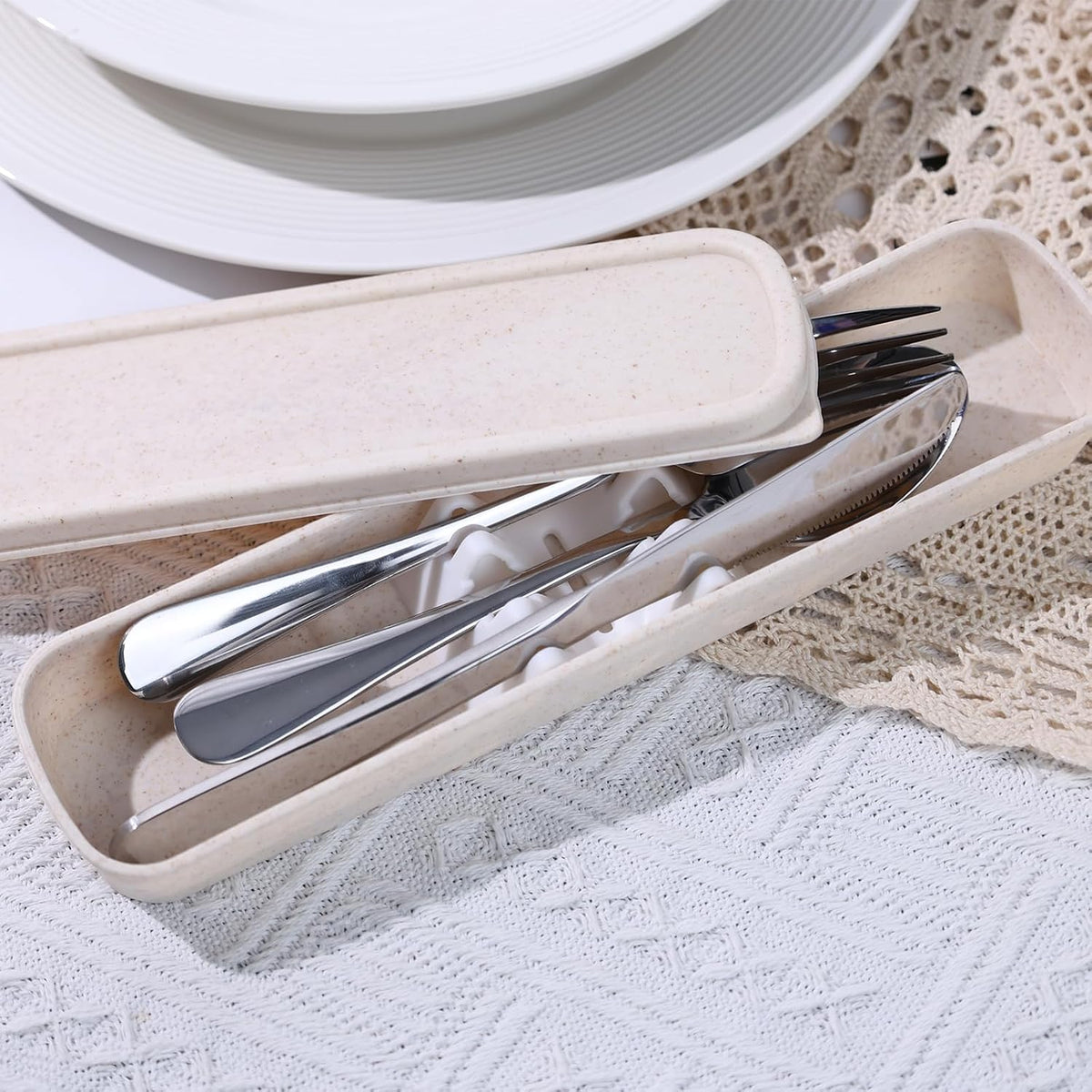 Travel Utensils with Case, 4PCS Stainless Steel Portable Cutlery Set, Built-in Card Slot Design for Fixing Tableware, Easy-Open Lid, Lunch Box for Camping Work School, Dishwasher Safe, Beige