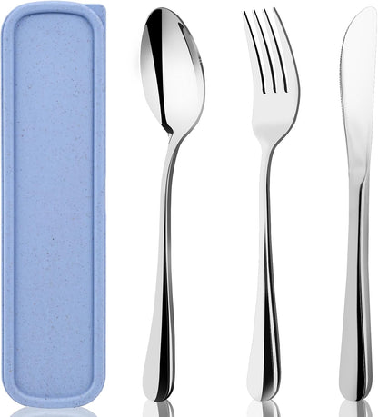 Travel Utensils with Case, 4PCS Stainless Steel Portable Cutlery Set, Built-in Card Slot Design for Fixing Tableware, Easy-Open Lid, Lunch Box for Camping Work School, Dishwasher Safe, Beige