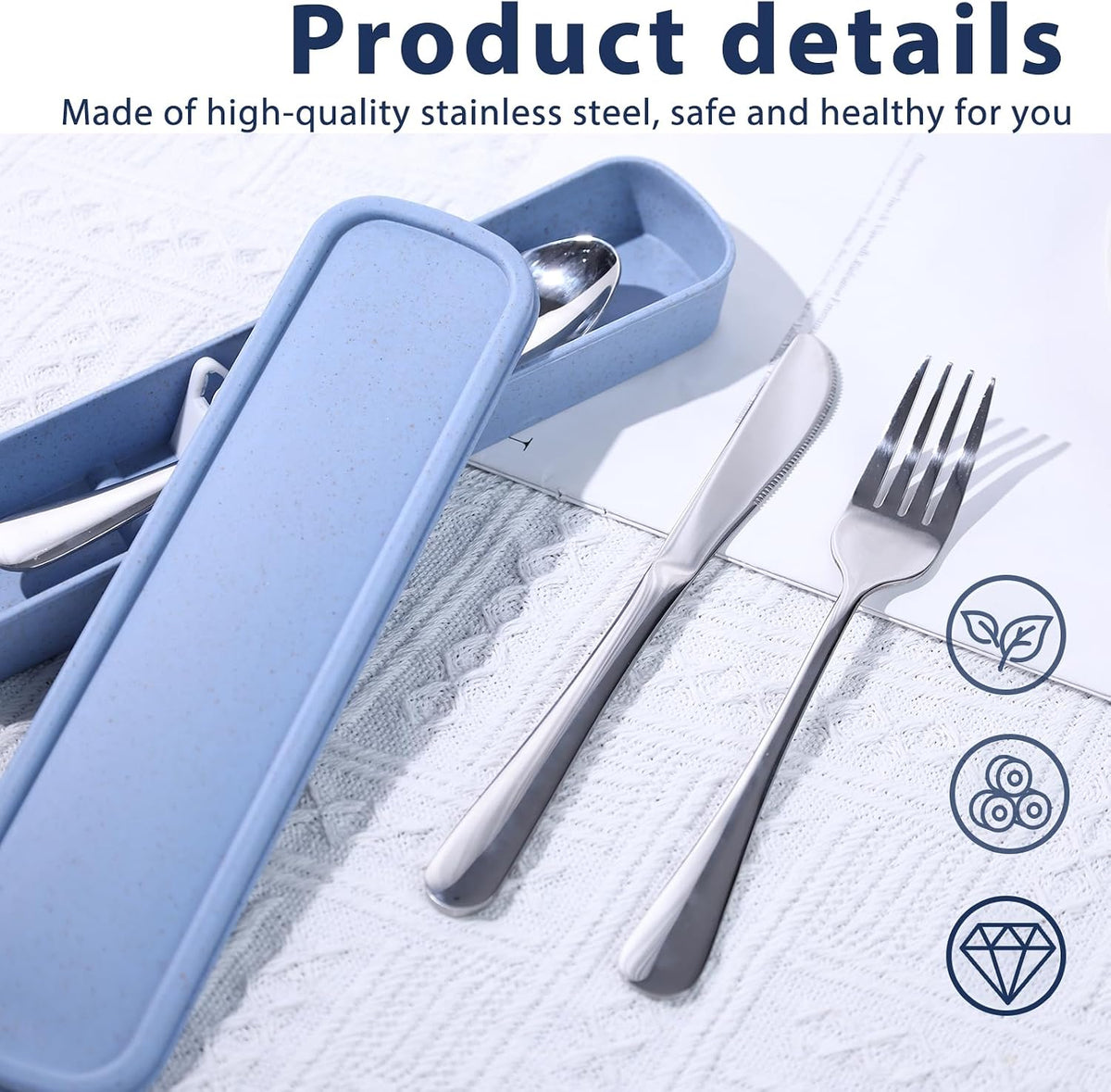 Travel Utensils with Case, 4PCS Stainless Steel Portable Cutlery Set, Built-in Card Slot Design for Fixing Tableware, Easy-Open Lid, Lunch Box for Camping Work School, Dishwasher Safe, Beige