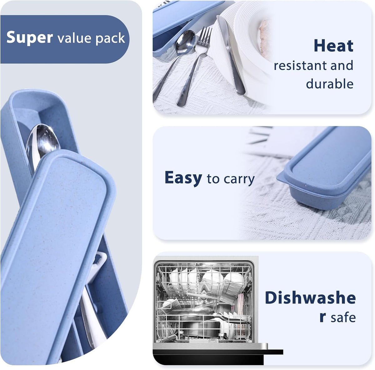 Travel Utensils with Case, 4PCS Stainless Steel Portable Cutlery Set, Built-in Card Slot Design for Fixing Tableware, Easy-Open Lid, Lunch Box for Camping Work School, Dishwasher Safe, Beige