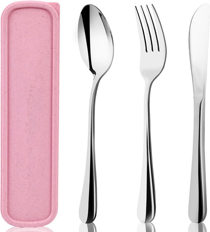 Travel Utensils with Case, 4PCS Stainless Steel Portable Cutlery Set, Built-in Card Slot Design for Fixing Tableware, Easy-Open Lid, Lunch Box for Camping Work School, Dishwasher Safe, Beige