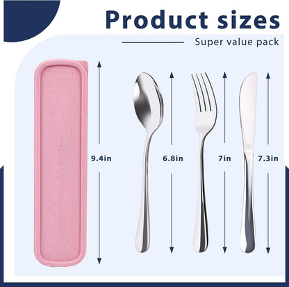 Travel Utensils with Case, 4PCS Stainless Steel Portable Cutlery Set, Built-in Card Slot Design for Fixing Tableware, Easy-Open Lid, Lunch Box for Camping Work School, Dishwasher Safe, Beige