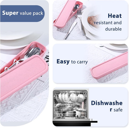 Travel Utensils with Case, 4PCS Stainless Steel Portable Cutlery Set, Built-in Card Slot Design for Fixing Tableware, Easy-Open Lid, Lunch Box for Camping Work School, Dishwasher Safe, Beige
