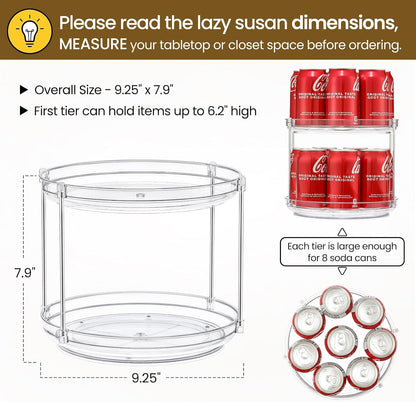 2 Tier Clear Acrylic Lazy Susans, Non-Skid Turntable Organizer, 9.25''