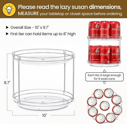 2 Tier Clear Acrylic Lazy Susans, Non-Skid Turntable Organizer, 9.25''