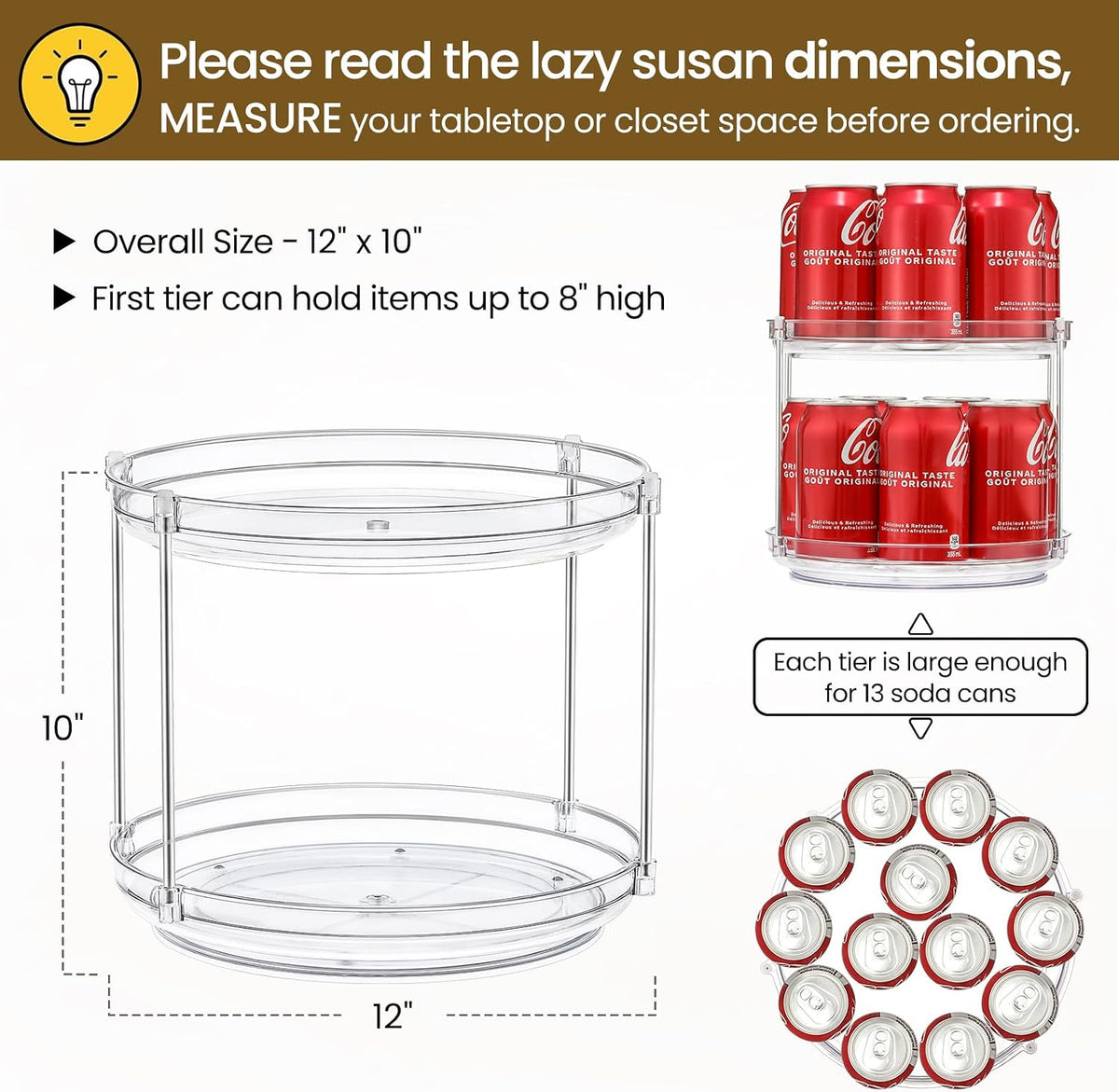 2 Tier Clear Acrylic Lazy Susans, Non-Skid Turntable Organizer, 9.25''