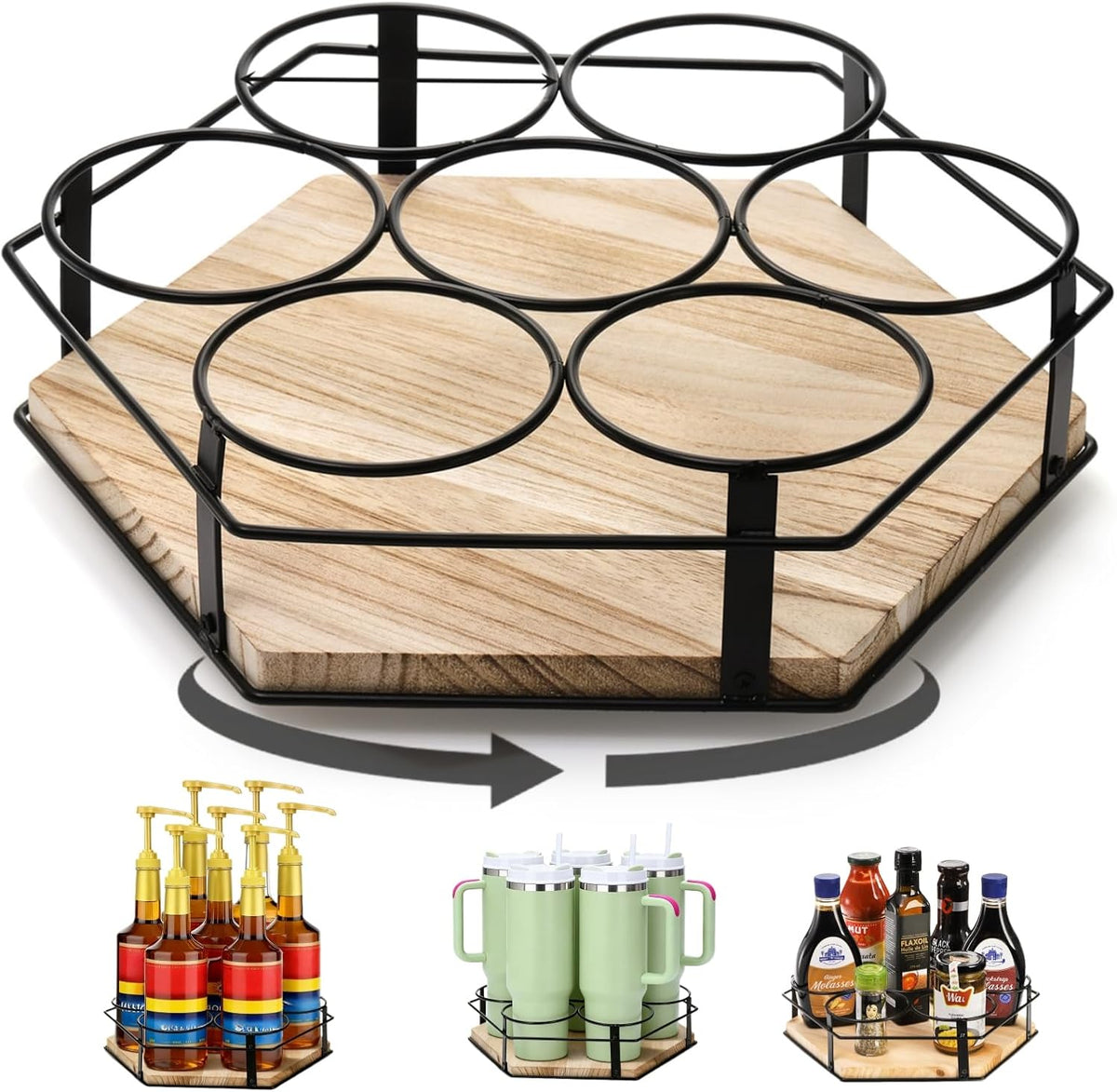 Rotating Coffee Syrup Organizer 7 Bottles, Coffee Syrup Rack Stand for Countertop, Tumbler Bottle Storage Holder, Turntable Wine Display Lazy Susan Tray for Coffee Bar Station, Kitchen, Pantry