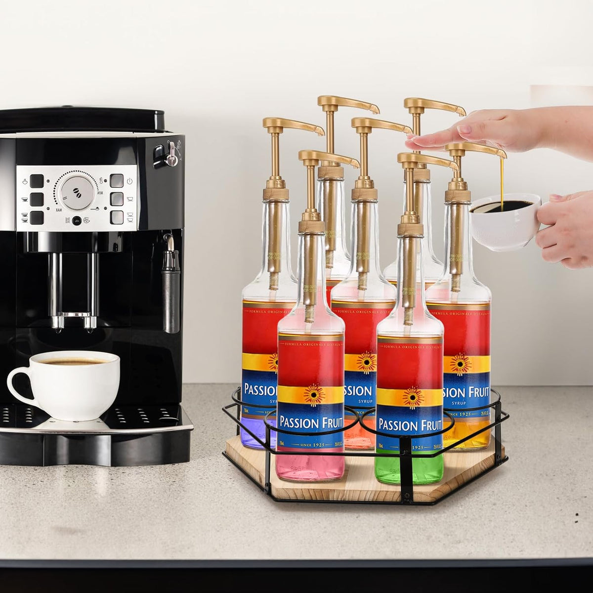 Rotating Coffee Syrup Organizer 7 Bottles, Coffee Syrup Rack Stand for Countertop, Tumbler Bottle Storage Holder, Turntable Wine Display Lazy Susan Tray for Coffee Bar Station, Kitchen, Pantry
