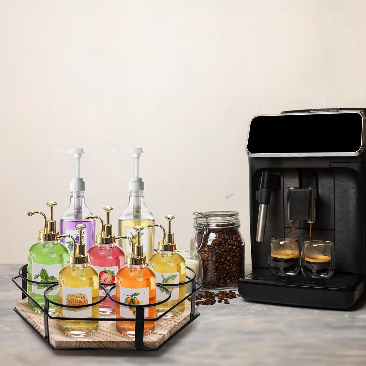 Rotating Coffee Syrup Organizer 7 Bottles, Coffee Syrup Rack Stand for Countertop, Tumbler Bottle Storage Holder, Turntable Wine Display Lazy Susan Tray for Coffee Bar Station, Kitchen, Pantry