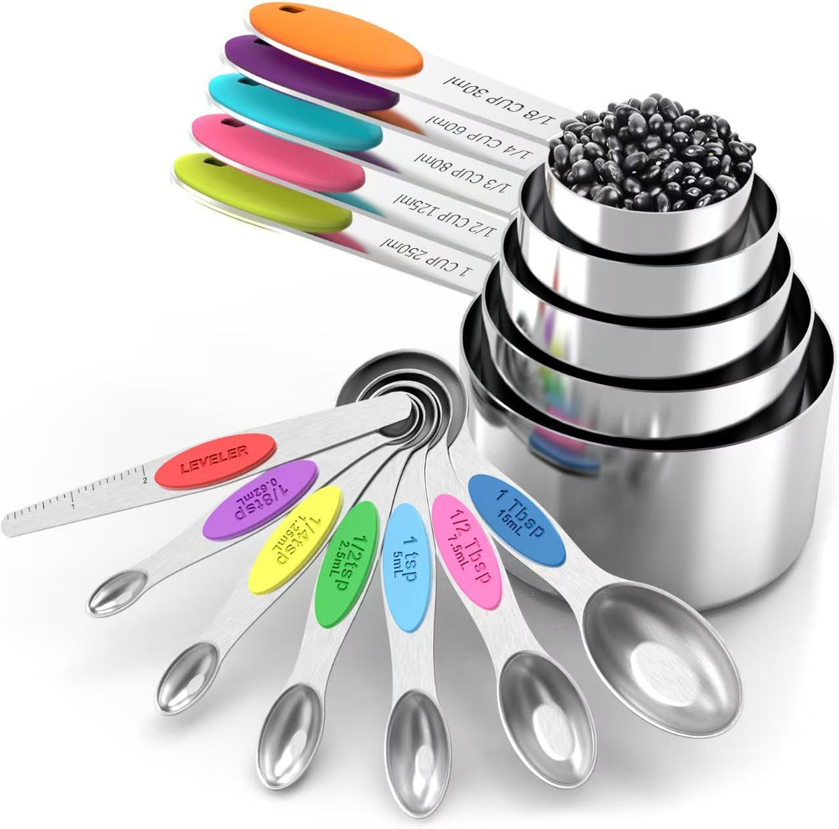 TILUCK measuring cups and magnetic measuring spoons set, stainless steel measuring cups, 6 double-sided stainless steel measuring spoons & 1 leveler (12)