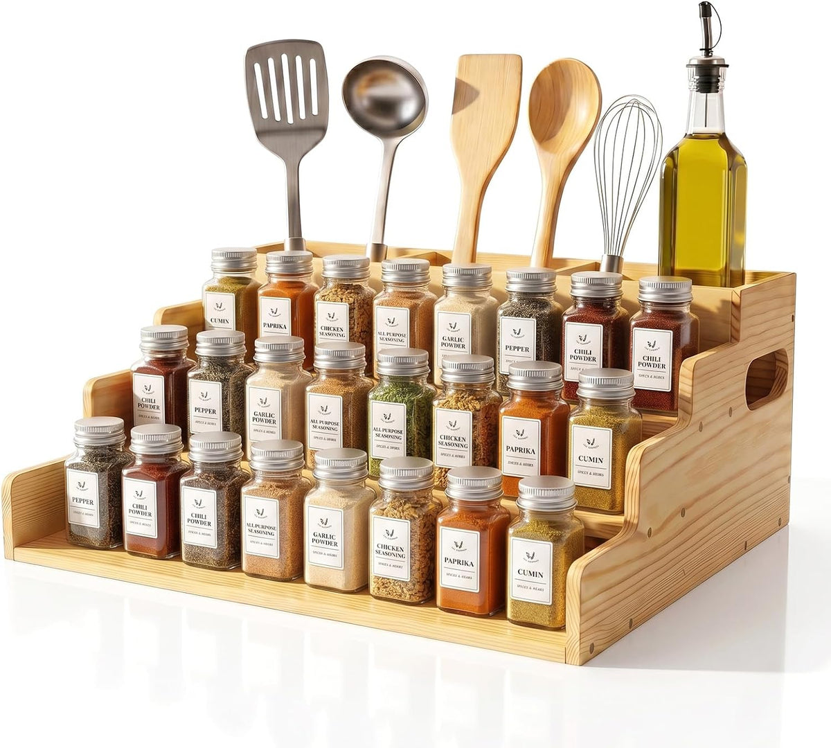 3 Tiered Wooden Spice Rack with Extra Utensil Holder and Adjustable Dividers, Spice Shelf for Spice Jars, Seasonings and Cooking Tools, Farmhouse Countertop Spice Organizer for Kitchen