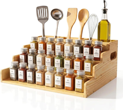 3 Tiered Wooden Spice Rack with Extra Utensil Holder and Adjustable Dividers, Spice Shelf for Spice Jars, Seasonings and Cooking Tools, Farmhouse Countertop Spice Organizer for Kitchen
