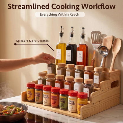 3 Tiered Wooden Spice Rack with Extra Utensil Holder and Adjustable Dividers, Spice Shelf for Spice Jars, Seasonings and Cooking Tools, Farmhouse Countertop Spice Organizer for Kitchen