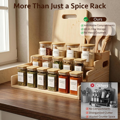 3 Tiered Wooden Spice Rack with Extra Utensil Holder and Adjustable Dividers, Spice Shelf for Spice Jars, Seasonings and Cooking Tools, Farmhouse Countertop Spice Organizer for Kitchen