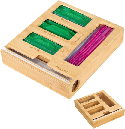5 in 1 Bamboo Ziplock Bag Organizer Box and Plastic Wrap/Foil/Wax Dispenser with Cutter, Storage Box for Ziplock Bag (Gallon/Quart/Sandwich/Snack), Apply to Kitchen Drawer/Countertop/Wall