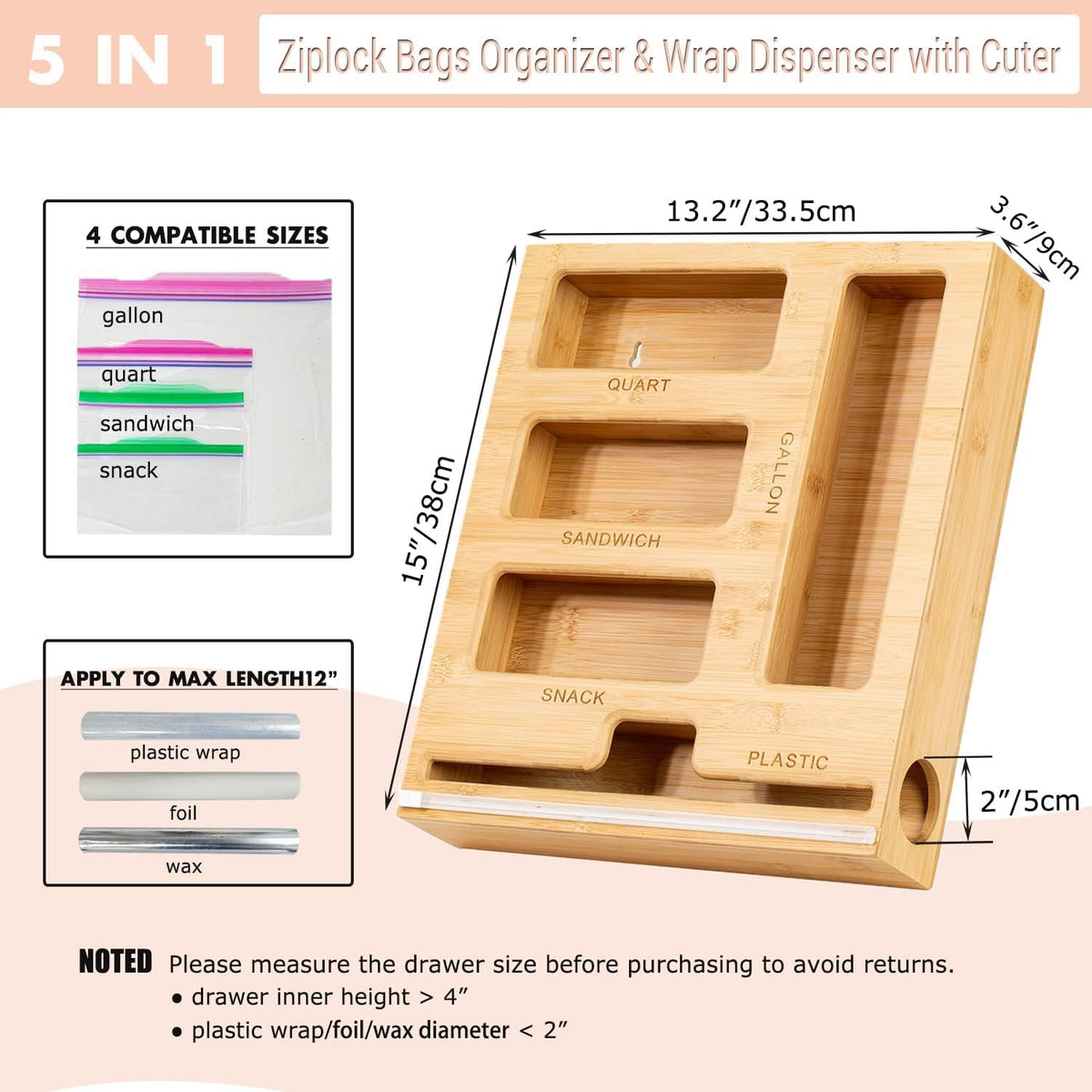 5 in 1 Bamboo Ziplock Bag Organizer Box and Plastic Wrap/Foil/Wax Dispenser with Cutter, Storage Box for Ziplock Bag (Gallon/Quart/Sandwich/Snack), Apply to Kitchen Drawer/Countertop/Wall