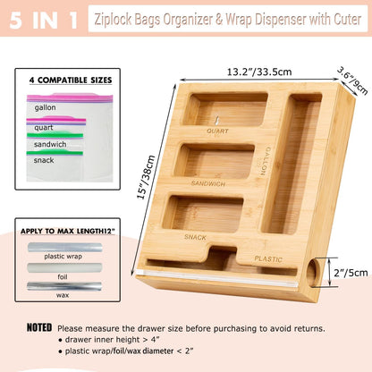 5 in 1 Bamboo Ziplock Bag Organizer Box and Plastic Wrap/Foil/Wax Dispenser with Cutter, Storage Box for Ziplock Bag (Gallon/Quart/Sandwich/Snack), Apply to Kitchen Drawer/Countertop/Wall