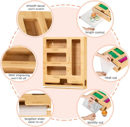 5 in 1 Bamboo Ziplock Bag Organizer Box and Plastic Wrap/Foil/Wax Dispenser with Cutter, Storage Box for Ziplock Bag (Gallon/Quart/Sandwich/Snack), Apply to Kitchen Drawer/Countertop/Wall