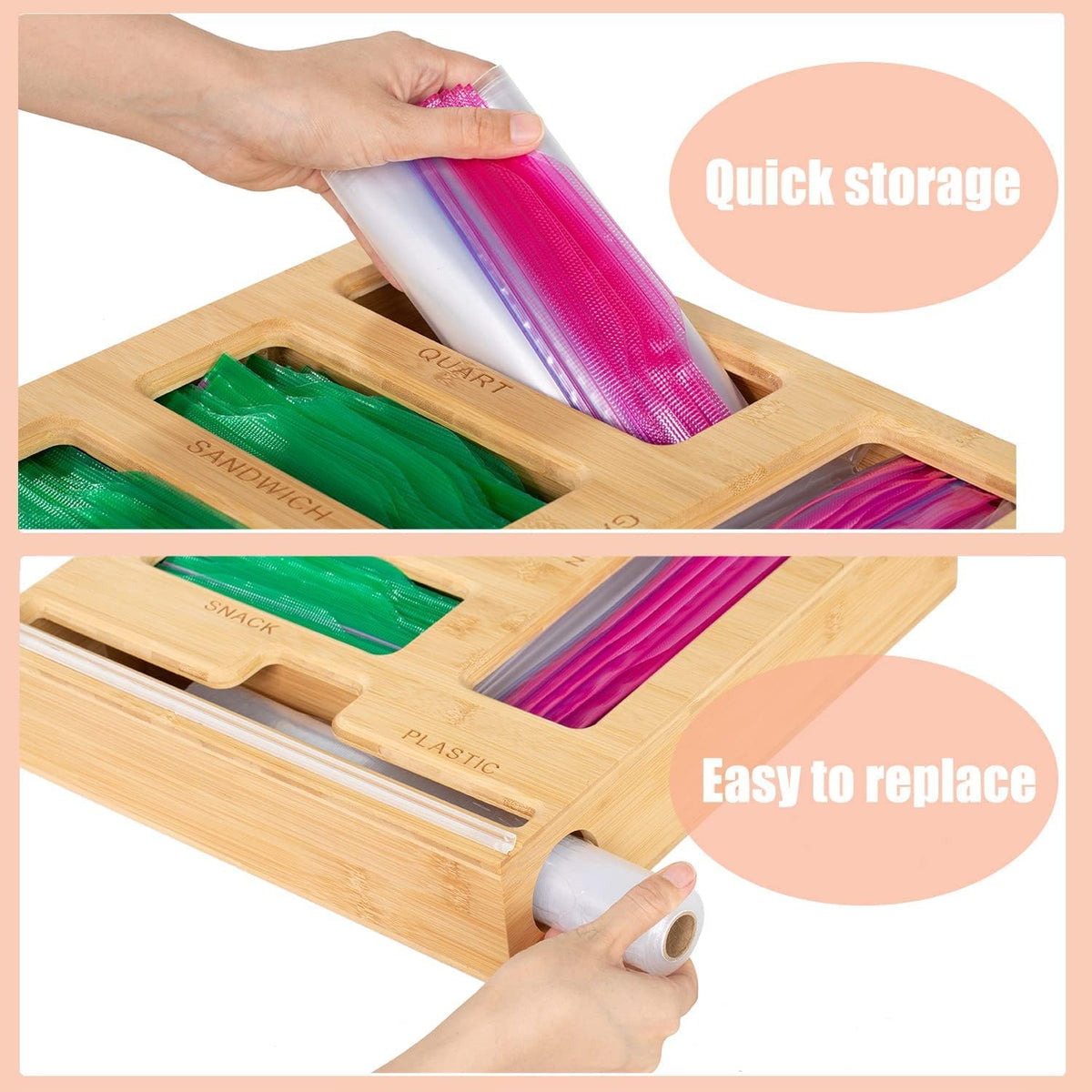 5 in 1 Bamboo Ziplock Bag Organizer Box and Plastic Wrap/Foil/Wax Dispenser with Cutter, Storage Box for Ziplock Bag (Gallon/Quart/Sandwich/Snack), Apply to Kitchen Drawer/Countertop/Wall