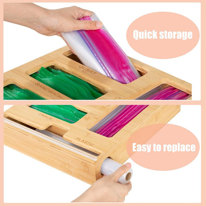 5 in 1 Bamboo Ziplock Bag Organizer Box and Plastic Wrap/Foil/Wax Dispenser with Cutter, Storage Box for Ziplock Bag (Gallon/Quart/Sandwich/Snack), Apply to Kitchen Drawer/Countertop/Wall