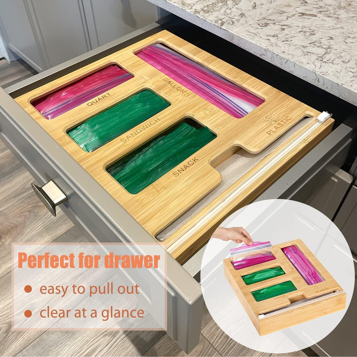 5 in 1 Bamboo Ziplock Bag Organizer Box and Plastic Wrap/Foil/Wax Dispenser with Cutter, Storage Box for Ziplock Bag (Gallon/Quart/Sandwich/Snack), Apply to Kitchen Drawer/Countertop/Wall
