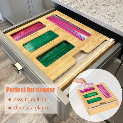 5 in 1 Bamboo Ziplock Bag Organizer Box and Plastic Wrap/Foil/Wax Dispenser with Cutter, Storage Box for Ziplock Bag (Gallon/Quart/Sandwich/Snack), Apply to Kitchen Drawer/Countertop/Wall