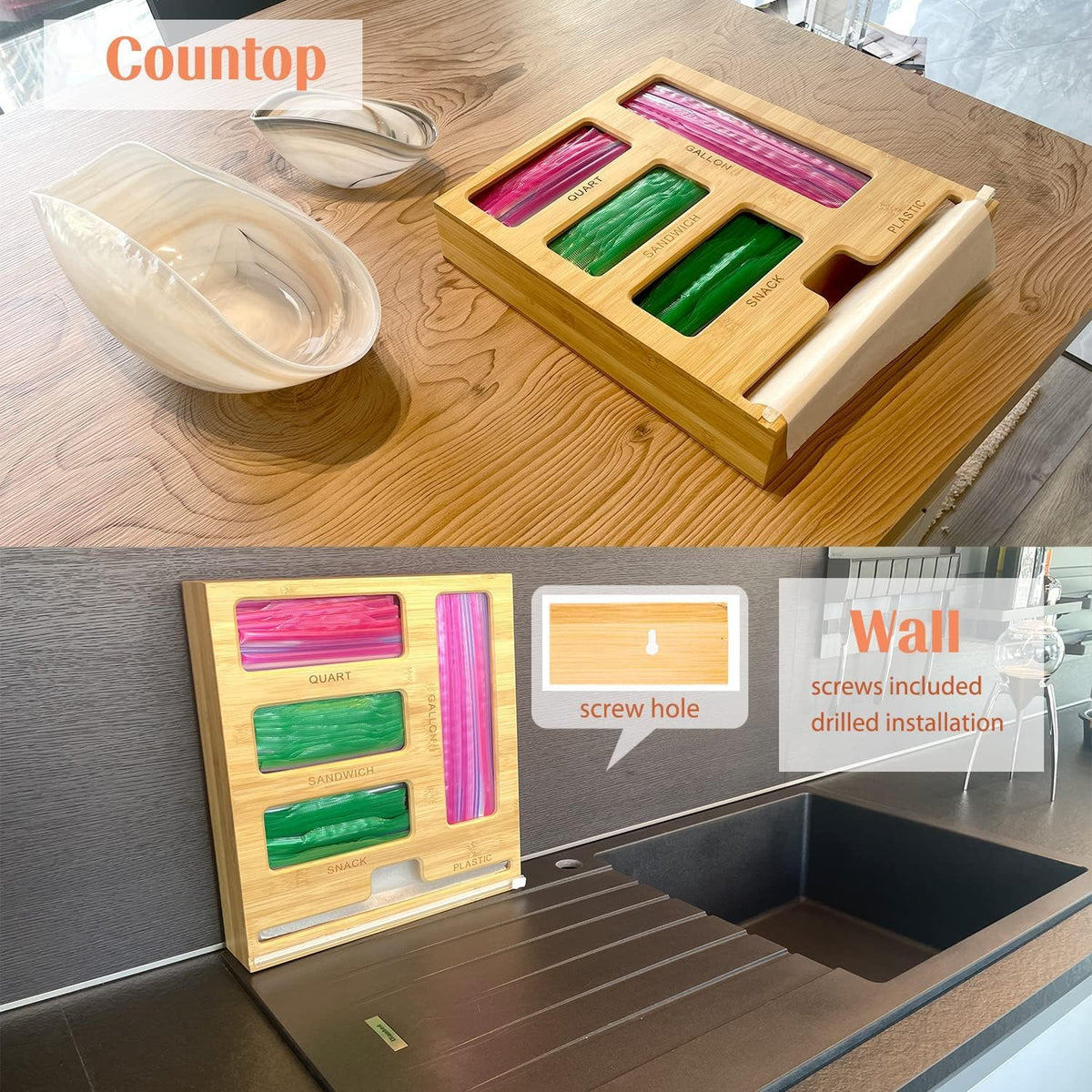 5 in 1 Bamboo Ziplock Bag Organizer Box and Plastic Wrap/Foil/Wax Dispenser with Cutter, Storage Box for Ziplock Bag (Gallon/Quart/Sandwich/Snack), Apply to Kitchen Drawer/Countertop/Wall